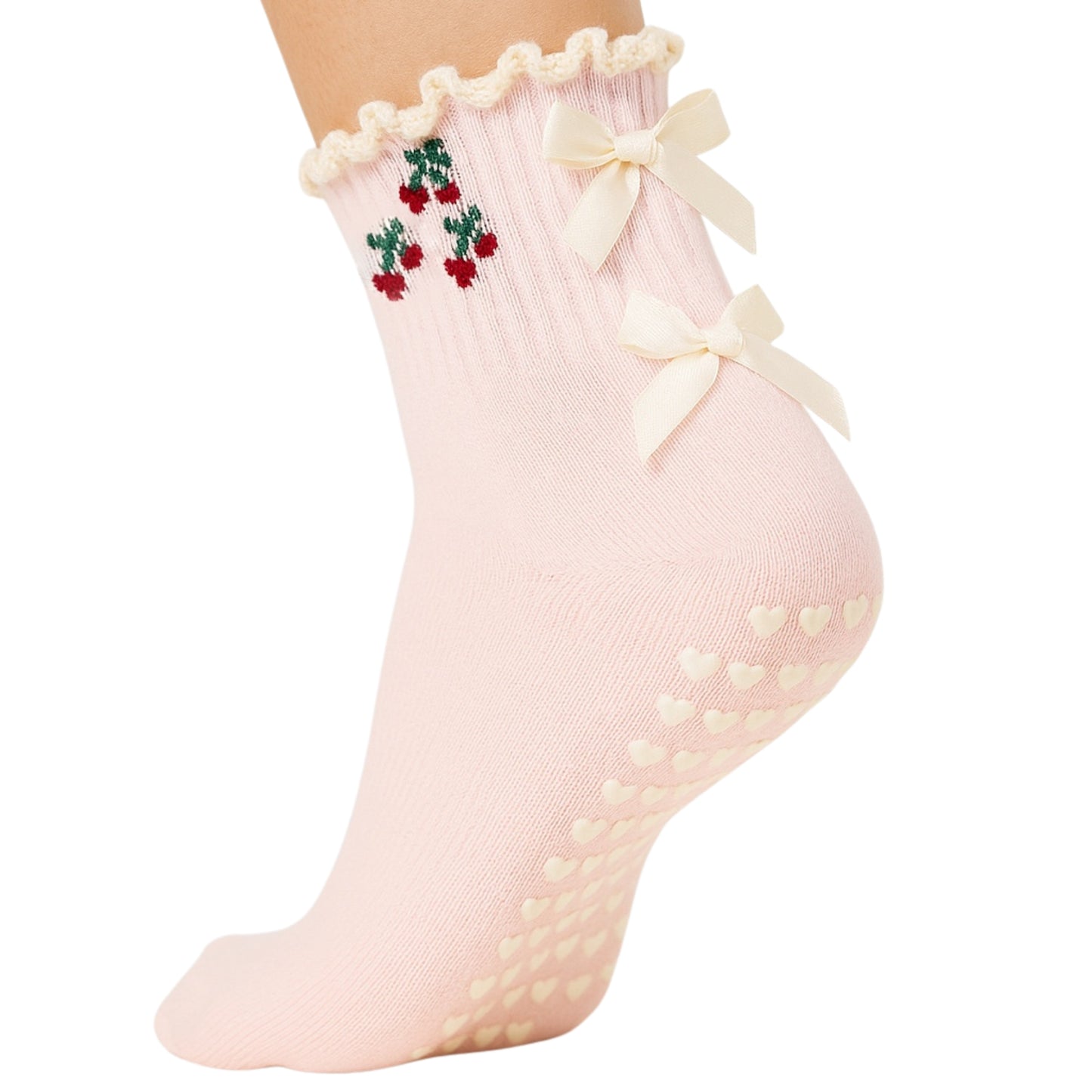 Cherry Pink Grip Crew Socks