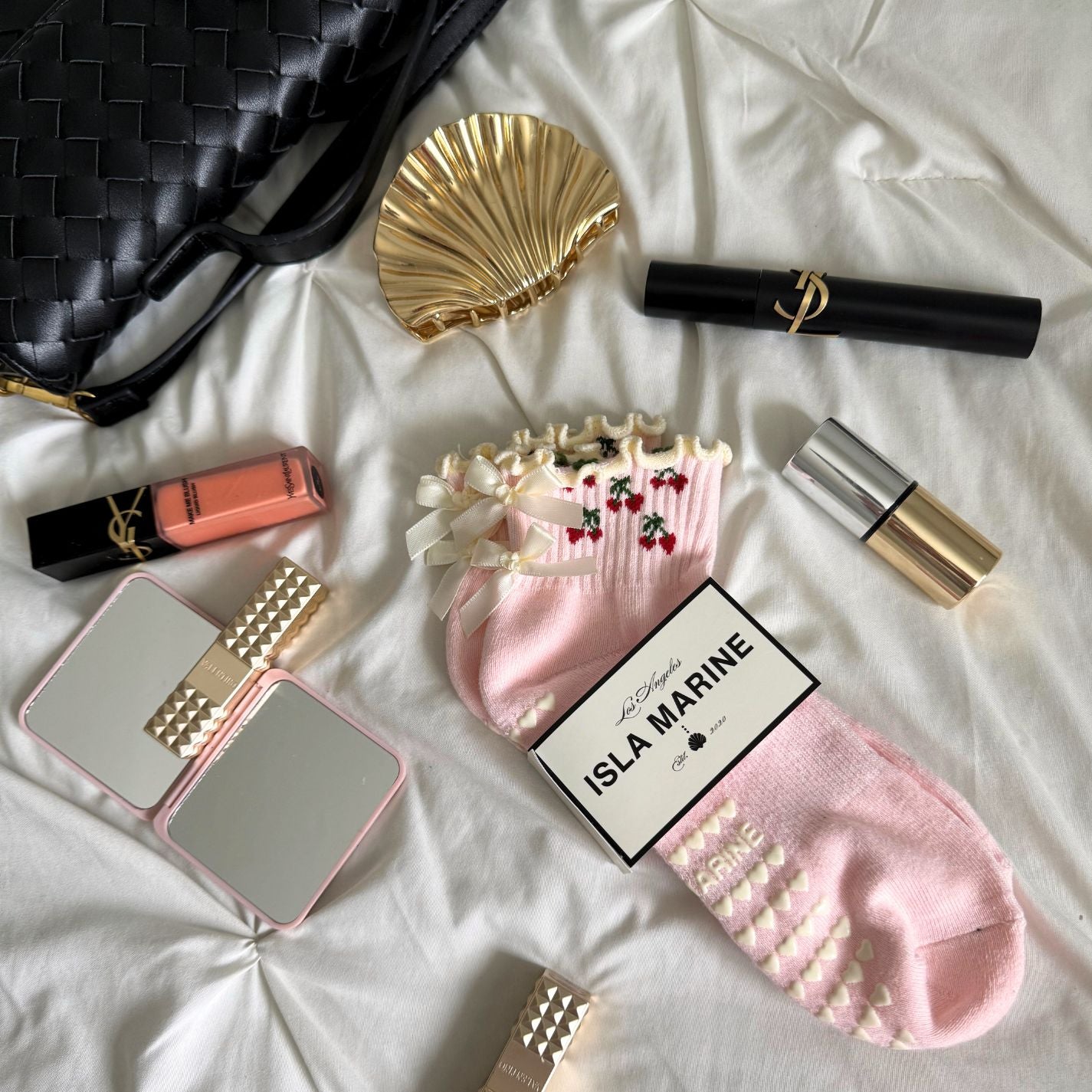 Cherry Pink Grip Crew Socks